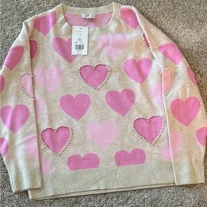 Crown & Ivy Pink Heart Sweater with Pearl Accents